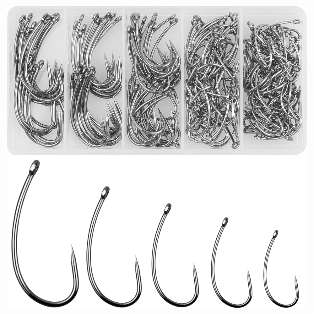 Fishing Hook Assortment - バーブレスフィッシングフックキット、湾曲したシャンク、フライタイイングフック、ヘアリグ用サークル、コイ釣り道具、180個