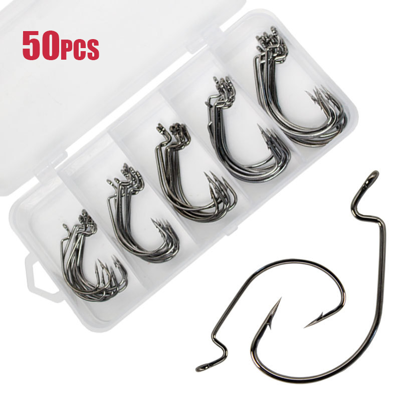 50 個ワイドワームフック炭素鋼オフセット釣り針低音有刺鉄線 - Fishing Hook Offset のレビューと価格